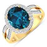 14K Yellow Gold Ring 3.7 Carat London Blue Topaz Oval Cut with White Diamond  0.39ct (Vault_Q) 