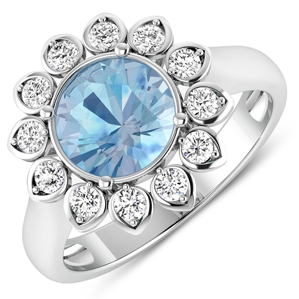 14K White Gold Ring 1.9 Carat Aquamarine Round Cut with White Diamond  0.36ct (Vault_Q) 