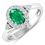 14K White Gold Ring 0.56 Carat Zambian Emerald Oval Cut with White Diamond  0.27ct (Vault_Q) 