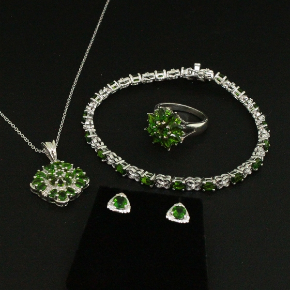  Chrome Diopside Ring size 7, Earrings, Pendant, and Bracelet  Sterling Silver Collection 