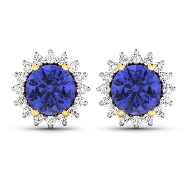 14K Yellow Gold Earrings 1.44 Carat Tanzanite Round Cut with White Diamond  0.32ct (Vault_Q) 