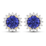 14K Yellow Gold Earrings 1.44 Carat Tanzanite Round Cut with White Diamond  0.32ct (Vault_Q) 