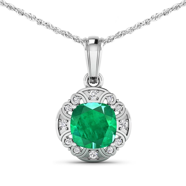 14K White Gold 18 Chain Pendant 2.07 Carat Zambian Emerald Cushion Cut with White Diamond  0.09ct (Vault_Q) 