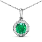 14K White Gold 18 Chain Pendant 2.07 Carat Zambian Emerald Cushion Cut with White Diamond  0.09ct (Vault_Q) 