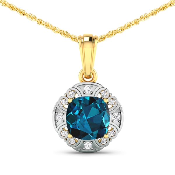 14K Yellow Gold 18 Chain Pendant 2.15 Carat London Blue Topaz Cushion Cut with White Diamond  0.09ct (Vault_Q) 