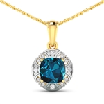 14K Yellow Gold 18 Chain Pendant 2.15 Carat London Blue Topaz Cushion Cut with White Diamond  0.09ct (Vault_Q) 