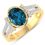 14K Yellow Gold Ring 1.9 Carat London Blue Topaz Oval Cut with White Diamond  0.3ct (Vault_Q) 