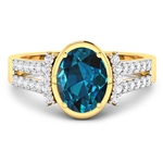 14K Yellow Gold Ring 1.9 Carat London Blue Topaz Oval Cut with White Diamond  0.3ct (Vault_Q) 