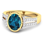 14K Yellow Gold Ring 1.9 Carat London Blue Topaz Oval Cut with White Diamond  0.3ct (Vault_Q) 