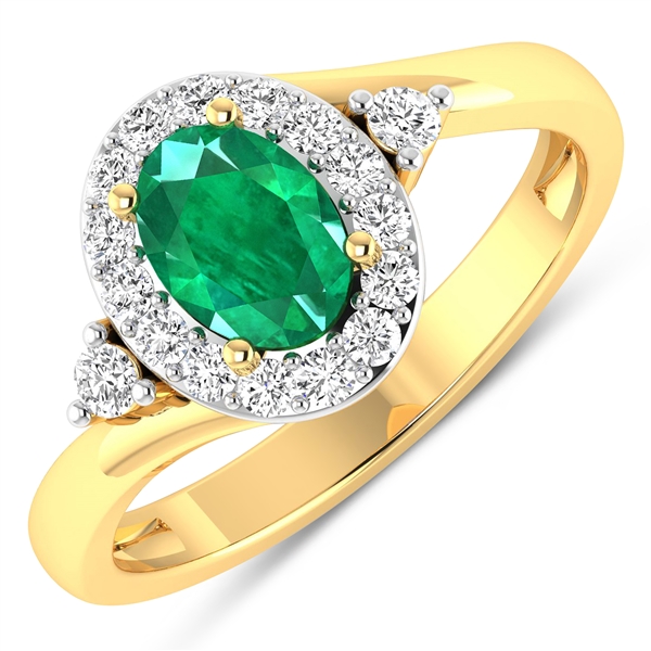 14K Yellow Gold Ring 0.56 Carat Zambian Emerald Oval Cut with White Diamond  0.27ct (Vault_Q) 