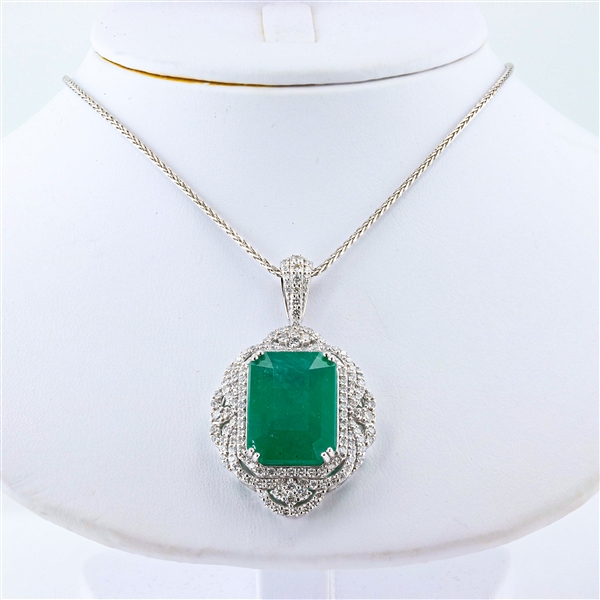 App: $71,382 17.31ct Emerald and 2.14ctw Diamond Platinum Pendant (Vault_R50) 