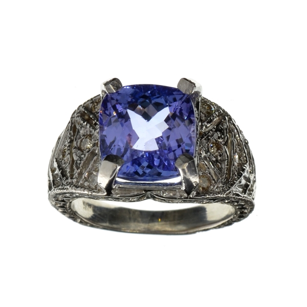 14KT. White Gold, 5.12CT Rectangular Cushion Cut Tanzanite And 0.28CT Diamond Ring