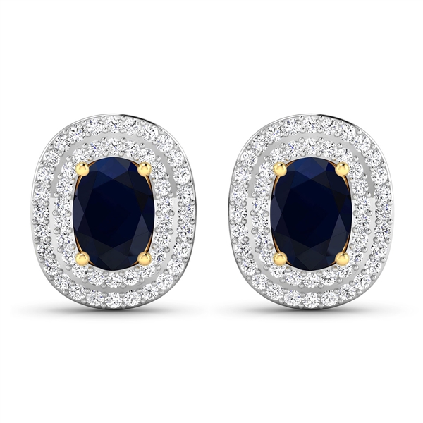 14K Yellow Gold Earrings 1.5 Carat Blue Sapphire Oval Cut with White Diamond  0.4545ct (Vault_Q) 