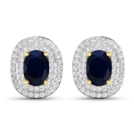 14K Yellow Gold Earrings 1.5 Carat Blue Sapphire Oval Cut with White Diamond  0.4545ct (Vault_Q) 