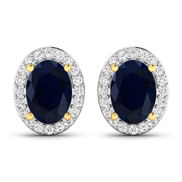 14K Yellow Gold Earrings 1.5 Carat Blue Sapphire Oval Cut with White Diamond 0.26ct (Vault_Q) 