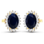 14K Yellow Gold Earrings 2.6 Carat Blue Sapphire Oval Cut with White Diamond  0.26ct (Vault_Q) 