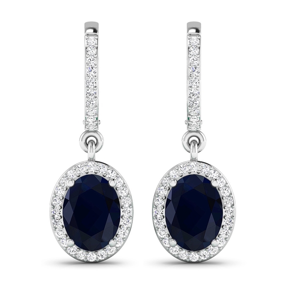 14K White Gold Earrings 2.6 Carat Blue Sapphire Oval Cut with White Diamond  0.32ct (Vault_Q) 