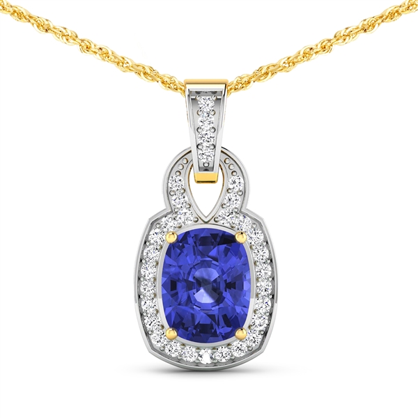 14K Yellow Gold 18 Chain Pendant 2.02 Carat Tanzanite Cushion Cut with White Diamond  0.25ct (Vault_Q) 