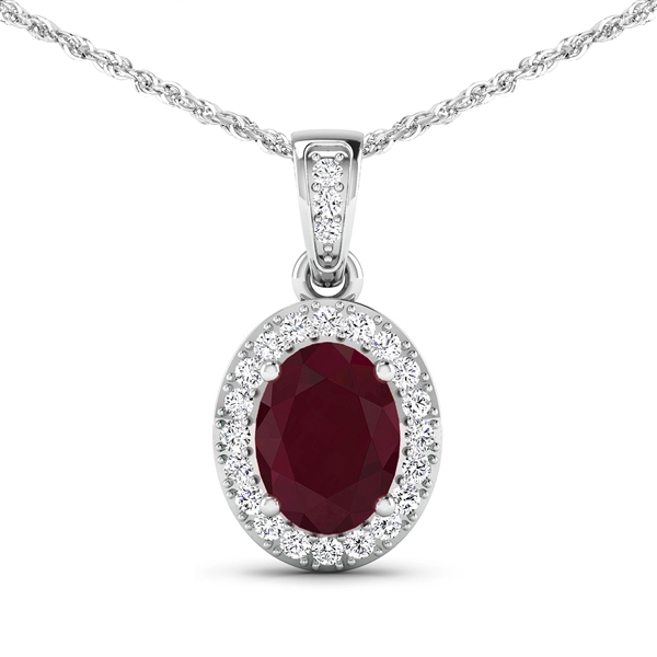 14K White Gold 18 Chain Pendant 1.5 Carat Ruby Oval Cut with White Diamond  0.18ct (Vault_Q) 