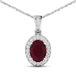 14K White Gold 18 Chain Pendant 1.5 Carat Ruby Oval Cut with White Diamond  0.18ct (Vault_Q) 