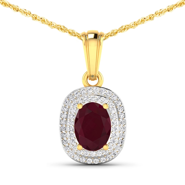 14K Yellow Gold No Chain Pendant 1.5 Carat Ruby Oval Cut with White Diamond  0.26361ct (Vault_Q) 