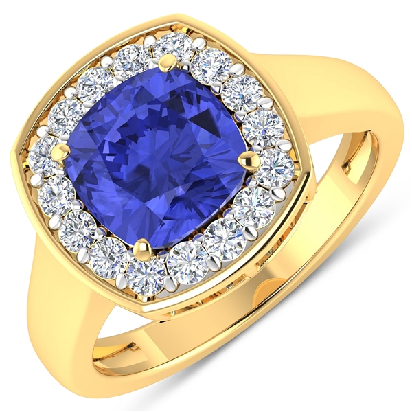 14K Yellow Gold Ring 1.99 Carat Tanzanite Cushion Cut with White Diamond  0.48ct (Vault_Q) 