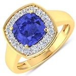 14K Yellow Gold Ring 1.99 Carat Tanzanite Cushion Cut with White Diamond  0.48ct (Vault_Q) 