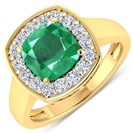 14K Yellow Gold Ring 2.07 Carat Zambian Emerald Cushion Cut with White Diamond  0.48ct (Vault_Q) 