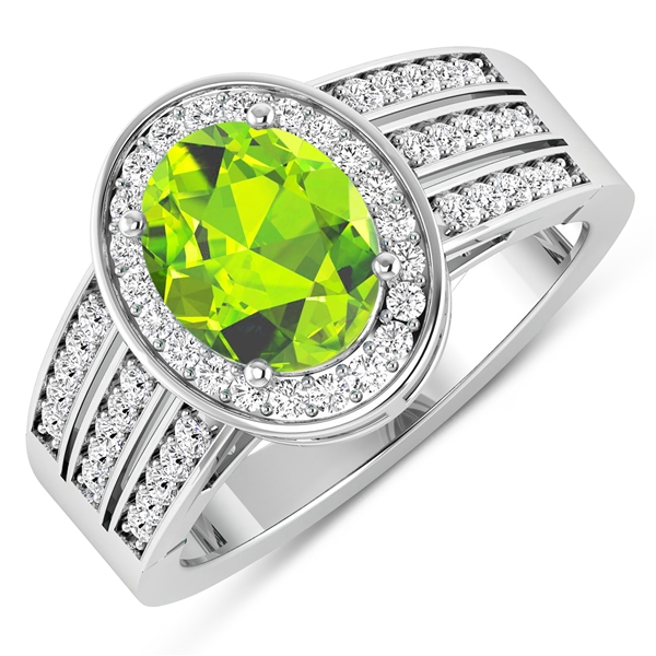 14K White Gold Ring 1.6 Carat Peridot Oval Cut with White Diamond  0.44ct (Vault_Q) 