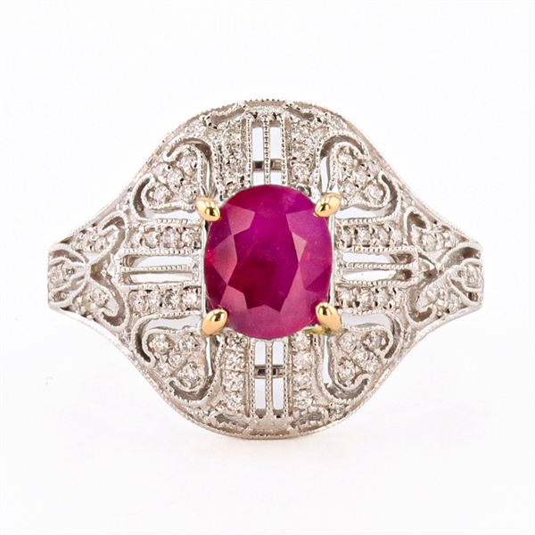 App: $7,620 1.21ct BURMA Ruby and 0.23ctw Diamond 18K White and Yellow Gold Ring (Vault_RR01) 