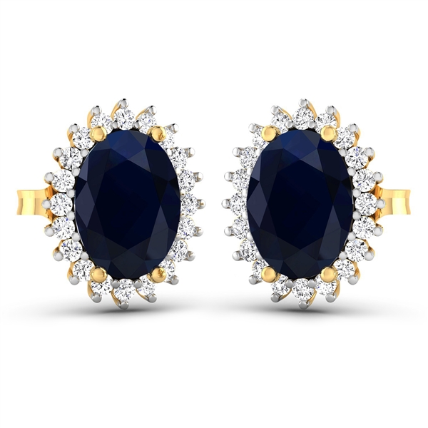 14K Yellow Gold Earrings 2.6 Carat Blue Sapphire Oval Cut with White Diamond  0.26ct (Vault_Q) 