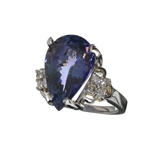 14KT. White Gold, 13.96CT Pear Cut Tanzanite And 0.34CT Diamond Ring