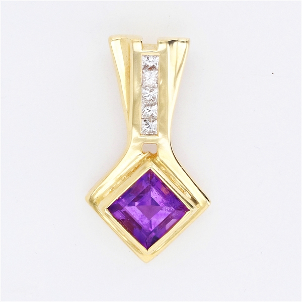 18K Yellow Gold 1.69CT Amethyst and Diamond Pendant -PNR-