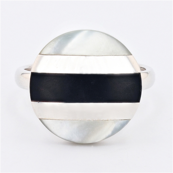 18K White Gold Half Moon Mother of Pearl and Onyx Ring -PNR-