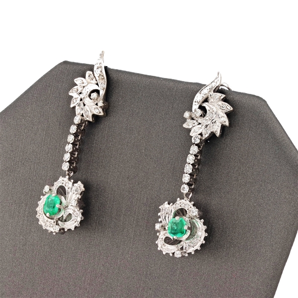 14K White Gold 1.25CT Emerald and Diamond Earrings -PNR-