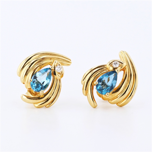 14K Yellow Gold 1.50CT Blue Topaz and Diamond Earrings -PNR-