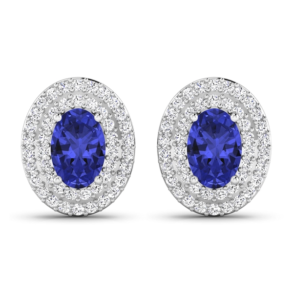 14K White Gold Earrings 0.76 Carat Tanzanite Oval 6x4mm Cut with White Diamond  0.315ct (Vault_Q) 