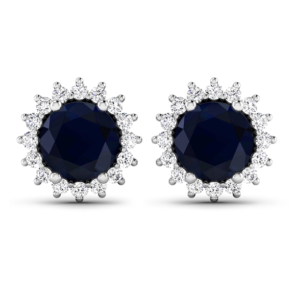 14K White Gold Earrings 2.2 Carat Blue Sapphire Round Cut with White Diamond  0.32ct (Vault_Q) 