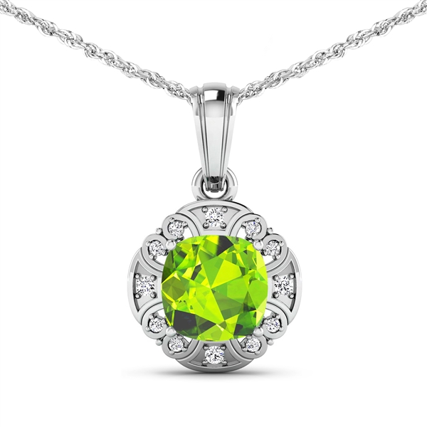 14K White Gold No Chain Pendant 2.02 Carat Peridot Cushion Cut with White Diamond  0.09ct (Vault_Q) 