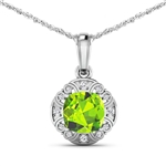 14K White Gold No Chain Pendant 2.02 Carat Peridot Cushion Cut with White Diamond  0.09ct (Vault_Q) 