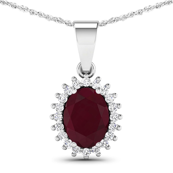 14K White Gold  Chain Pendant 1.5 Carat Ruby Oval Cut with White Diamond  0.13ct (Vault_Q) 