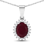 14K White Gold  Chain Pendant 1.5 Carat Ruby Oval Cut with White Diamond  0.13ct (Vault_Q) 