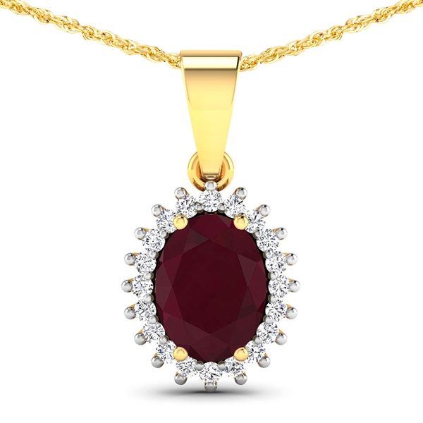 14K Yellow Gold  Chain Pendant 1.5 Carat Ruby Oval Cut with White Diamond  0.13ct (Vault_Q) 