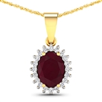 14K Yellow Gold  Chain Pendant 1.5 Carat Ruby Oval Cut with White Diamond  0.13ct (Vault_Q) 