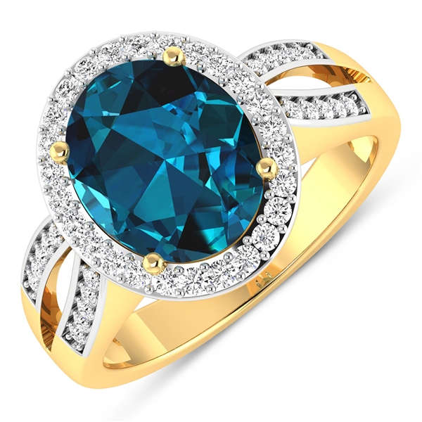 14K Yellow Gold Ring 3.7 Carat London Blue Topaz Oval Cut with White Diamond  0.39ct (Vault_Q) 