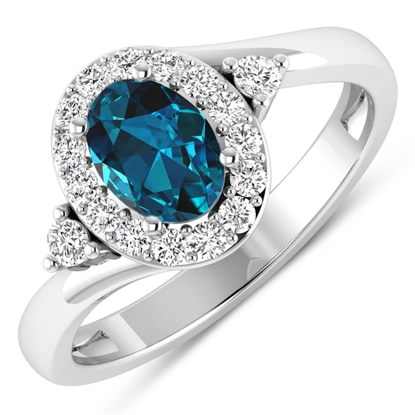 14K White Gold Ring 0.7 Carat London Blue Topaz Oval Cut with White Diamond  0.27ct (Vault_Q) 