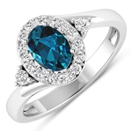 14K White Gold Ring 0.7 Carat London Blue Topaz Oval Cut with White Diamond  0.27ct (Vault_Q) 