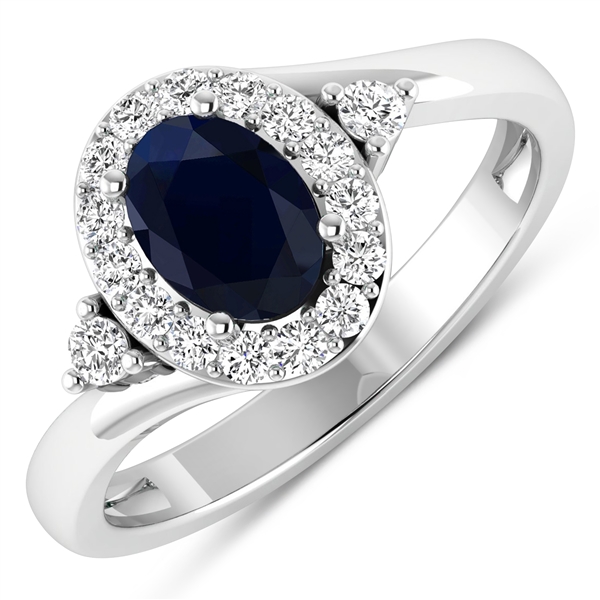 14K White Gold Ring 0.75 Carat Blue Sapphire Oval Cut with White Diamond  0.27ct (Vault_Q) 