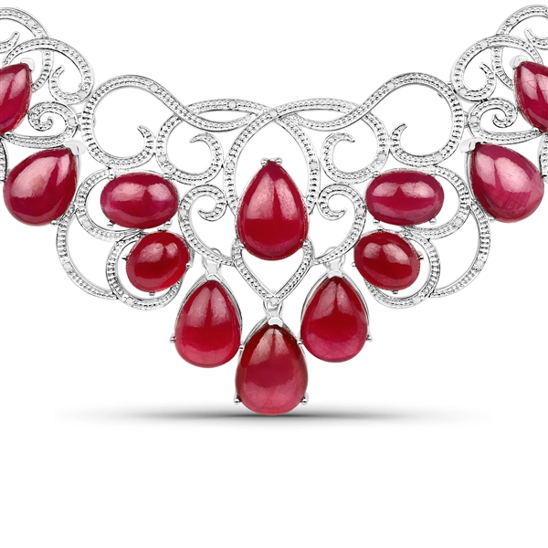 212.48 Ruby CAB Pear Cut and White Diamond 925 Sterling Silver W/Rhodium Necklace