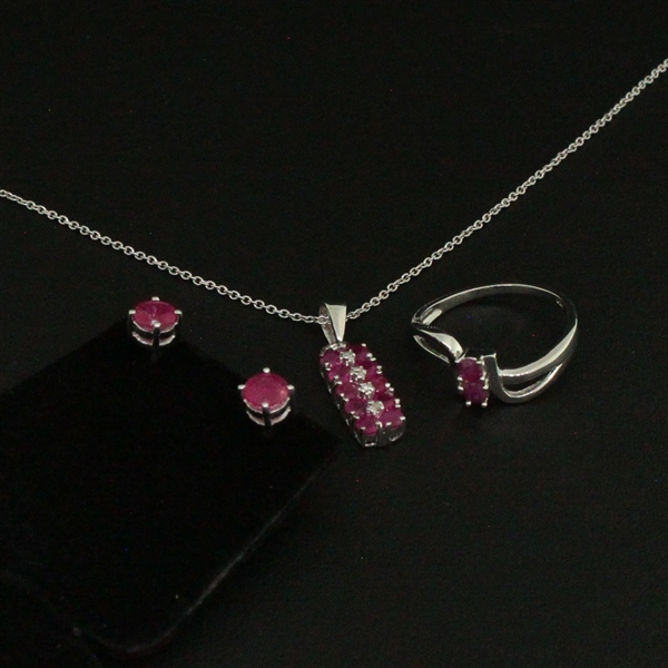 Ruby Ring size 7.5, Pink Topaz Earrings and Pendant Sterling Silver Collection 